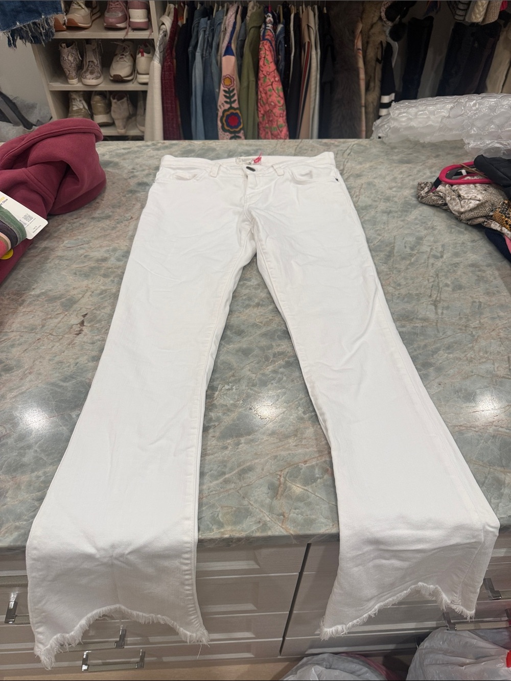 Current/Elliott White Flared Jeans with Frayed Hem